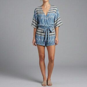Chaser Ikat Faux Wrap Romper Small Blue